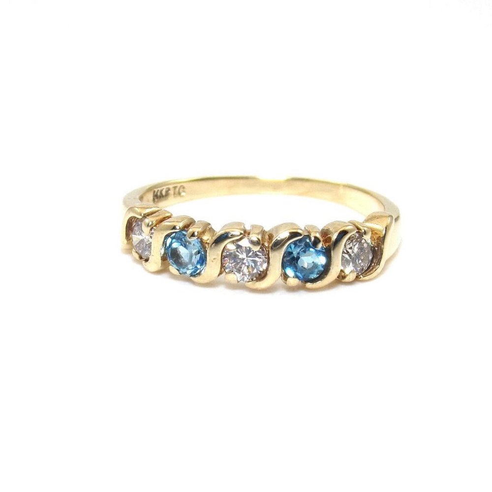 14K Gold Blue Topaz Diamond Band Ring 7.25